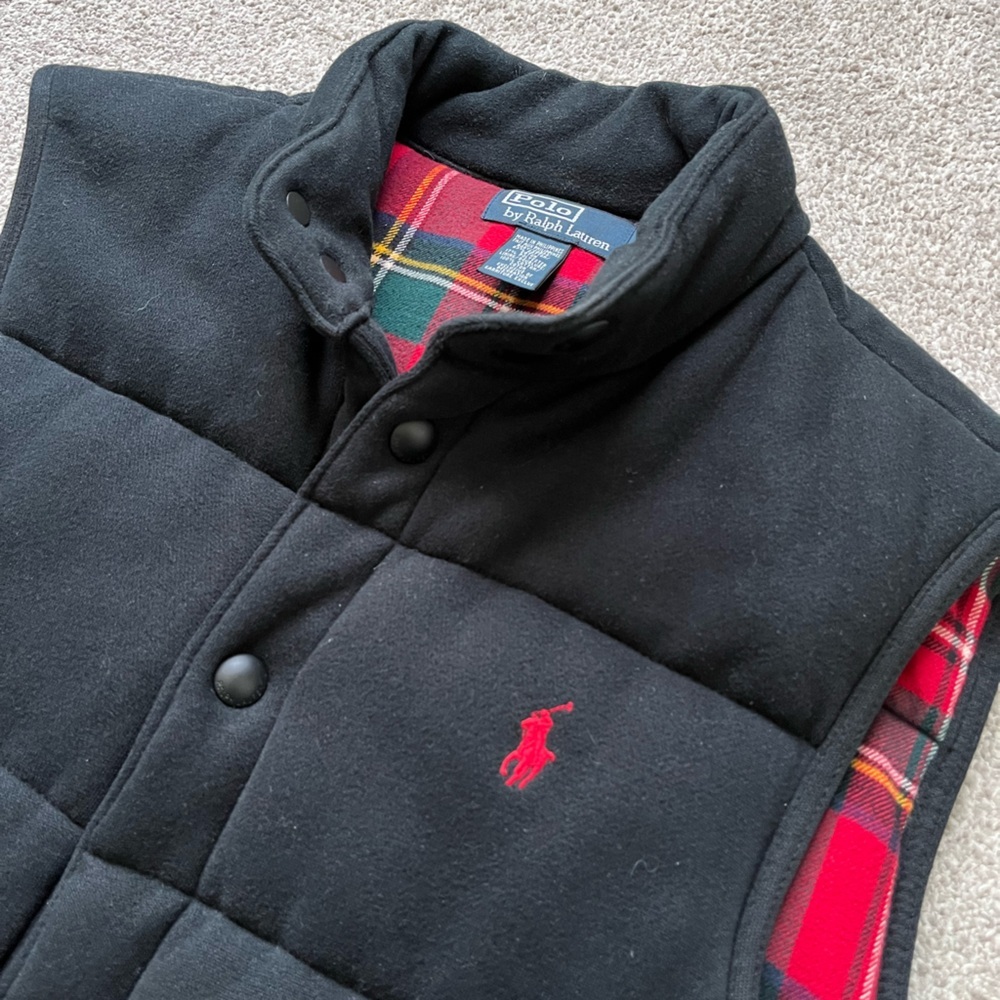 Polo by Ralph Lauren Black Quilted Vest with Red Plaid Trim